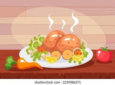 Chicken leg dish food with vegetables on plate concept. Vector graphic design illustration element