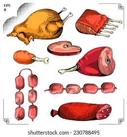 Chicken and Chicken leg, Gammon, Ribs, Sausage, Steaks. Cartoon illustration. Meat set. Graphics  picture. Engraving style. Color image. Eps 8
