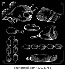 Chicken and Chicken leg, Gammon, Ribs, Sausage, Steaks. Menu for cafe on chalkboard. Meat set. Graphics  picture. Engraving style. Eps 8