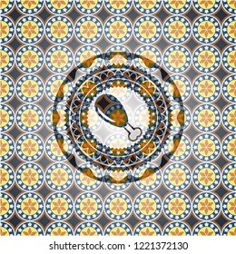 chicken leg icon inside arabesque badge background. arabic decoration.