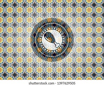 chicken leg icon inside arabesque style badge. arabic decoration.