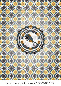 chicken leg icon inside arabic style badge. Arabesque decoration.