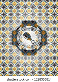 chicken leg icon inside arabic style emblem. Arabesque decoration.
