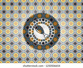 chicken leg icon inside arabic badge background. Arabesque decoration.