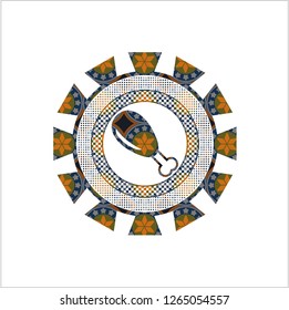 chicken leg icon inside arabic badge. Arabesque decoration.