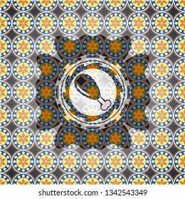 chicken leg icon inside arabic style badge. Arabesque decoration.