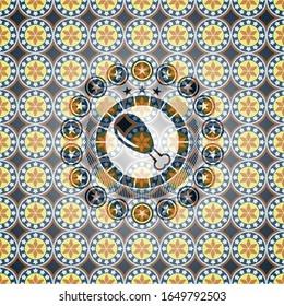 chicken leg icon inside arabic badge background. Arabesque decoration.