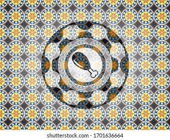 chicken leg icon inside arabic emblem background. Arabesque decoration.