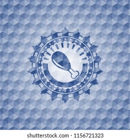 chicken leg icon inside blue emblem with geometric background.