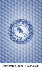 chicken leg icon inside blue badge with geometric background.