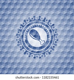 chicken leg icon inside blue emblem or badge with geometric pattern background.