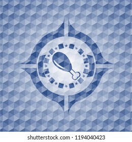 chicken leg icon inside blue emblem with geometric pattern.