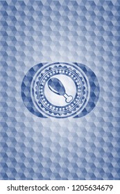 chicken leg icon inside blue emblem with geometric pattern.