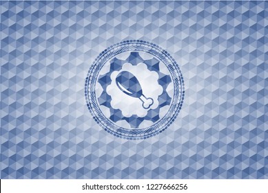 chicken leg icon inside blue emblem with geometric pattern background.