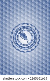 chicken leg icon inside blue emblem or badge with abstract geometric polygonal pattern background.