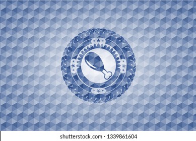 chicken leg icon inside blue emblem or badge with geometric pattern background.