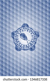 chicken leg icon inside blue badge with geometric background.