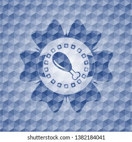 chicken leg icon inside blue emblem or badge with abstract geometric polygonal pattern background.