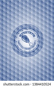chicken leg icon inside blue emblem or badge with geometric pattern background.