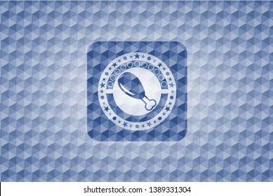 chicken leg icon inside blue emblem with geometric background.
