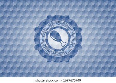 chicken leg icon inside blue emblem with geometric background.