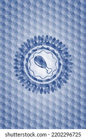 chicken leg icon inside blue emblem or badge with abstract geometric polygonal pattern background. 