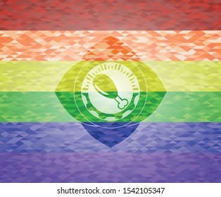 chicken leg icon inside emblem on mosaic background with the colors of the LGBT flag
