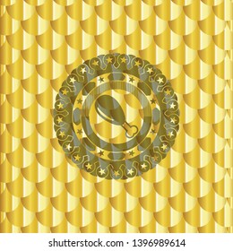 chicken leg icon inside gold shiny badge. Scales pattern. Vector Illustration. Detailed.