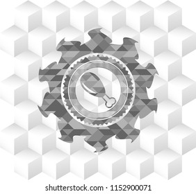 chicken leg icon inside grey emblem with geometric cube white background