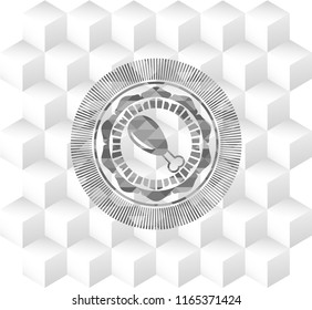 chicken leg icon inside grey badge with geometric cube white background