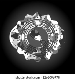 chicken leg icon inside grey camouflage emblem