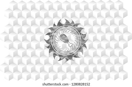chicken leg icon inside grey icon or emblem with geometric cube white background