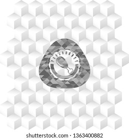 chicken leg icon inside grey badge with geometric cube white background