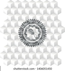 chicken leg icon inside grey badge with geometric cube white background