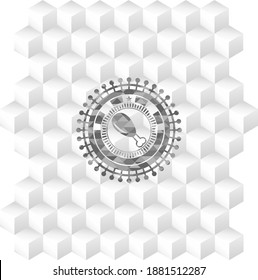 chicken leg icon inside grey emblem. Vintage with geometric cube white background. 