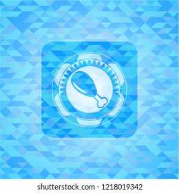chicken leg icon inside light blue emblem with mosaic background
