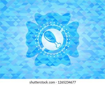 chicken leg icon inside light blue emblem with triangle mosaic background