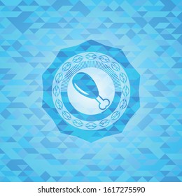 chicken leg icon inside light blue emblem. Mosaic background
