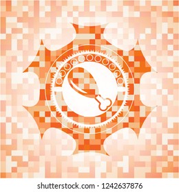 chicken leg icon inside orange tile background illustration. Square geometric mosaic seamless pattern with emblem inside.