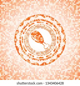 chicken leg icon inside orange tile background illustration. Square geometric mosaic seamless pattern with emblem inside.