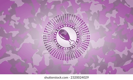 chicken leg icon inside pink camouflaged emblem. 