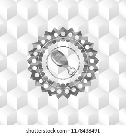 chicken leg icon inside realistic grey emblem with geometric cube white background