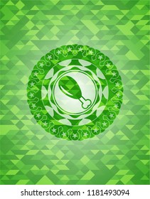 chicken leg icon inside realistic green emblem. Mosaic background