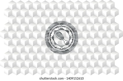 chicken leg icon inside realistic grey emblem with geometric cube white background