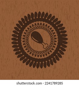 chicken leg icon inside realistic wood emblem. 