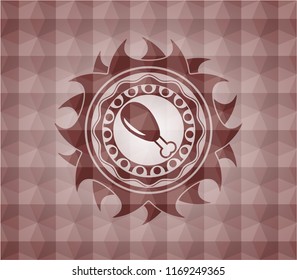 chicken leg icon inside red seamless emblem with geometric background.