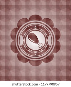 chicken leg icon inside red emblem or badge with abstract geometric pattern background. Seamless.