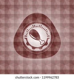 chicken leg icon inside red emblem or badge with abstract geometric polygonal pattern background. Seamless.