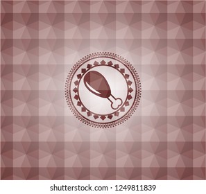 chicken leg icon inside red emblem or badge with abstract geometric polygonal pattern background. Seamless.