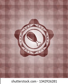 chicken leg icon inside red emblem with geometric pattern background. Seamless.